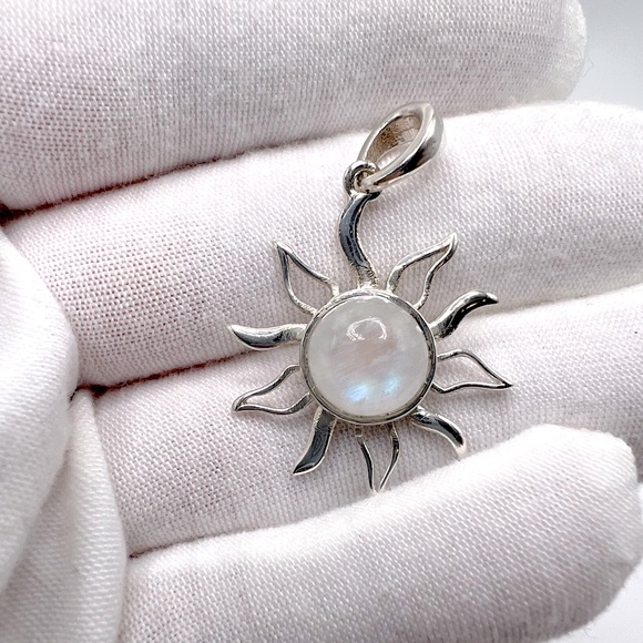 Rainbow Moonstone Sun Gemstone .925 Sterling Silver Sun Pendant - Picture 7 of 16